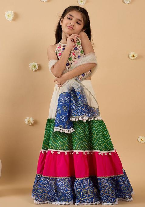 Beige Printed Silk Lehenga Set For Girls — view on Indya
