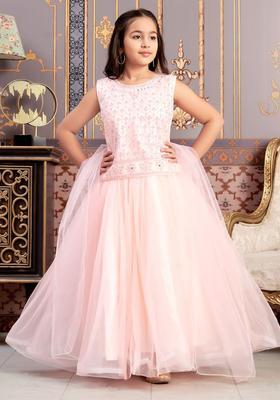 Peach Embroidered Net Lehenga Set For Girls