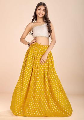 Yellow Embroidered Silk Lehenga Set For Girls