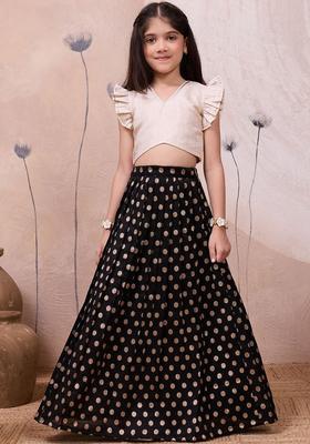 Black Woven Design Silk Lehenga Set For Girls