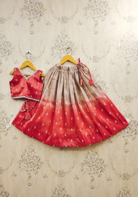Red Printed Silk Lehenga Set For Girls — view on Indya