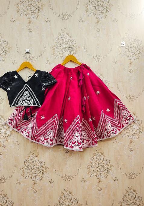 Pink Embroidered Silk Lehenga Set For Girls — view on Indya