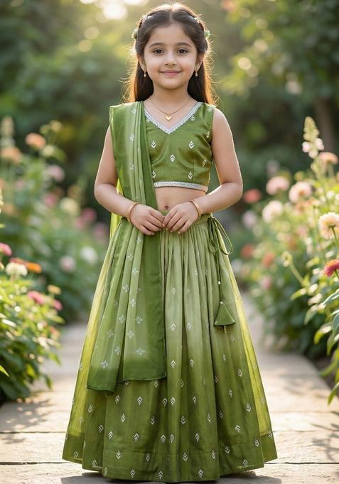 Green Embellished Silk Lehenga Set For Girls — view on Indya