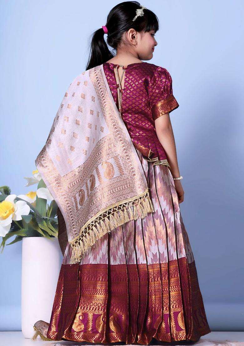 Maroon Woven Design Silk Lehenga Set For Girls - Indya