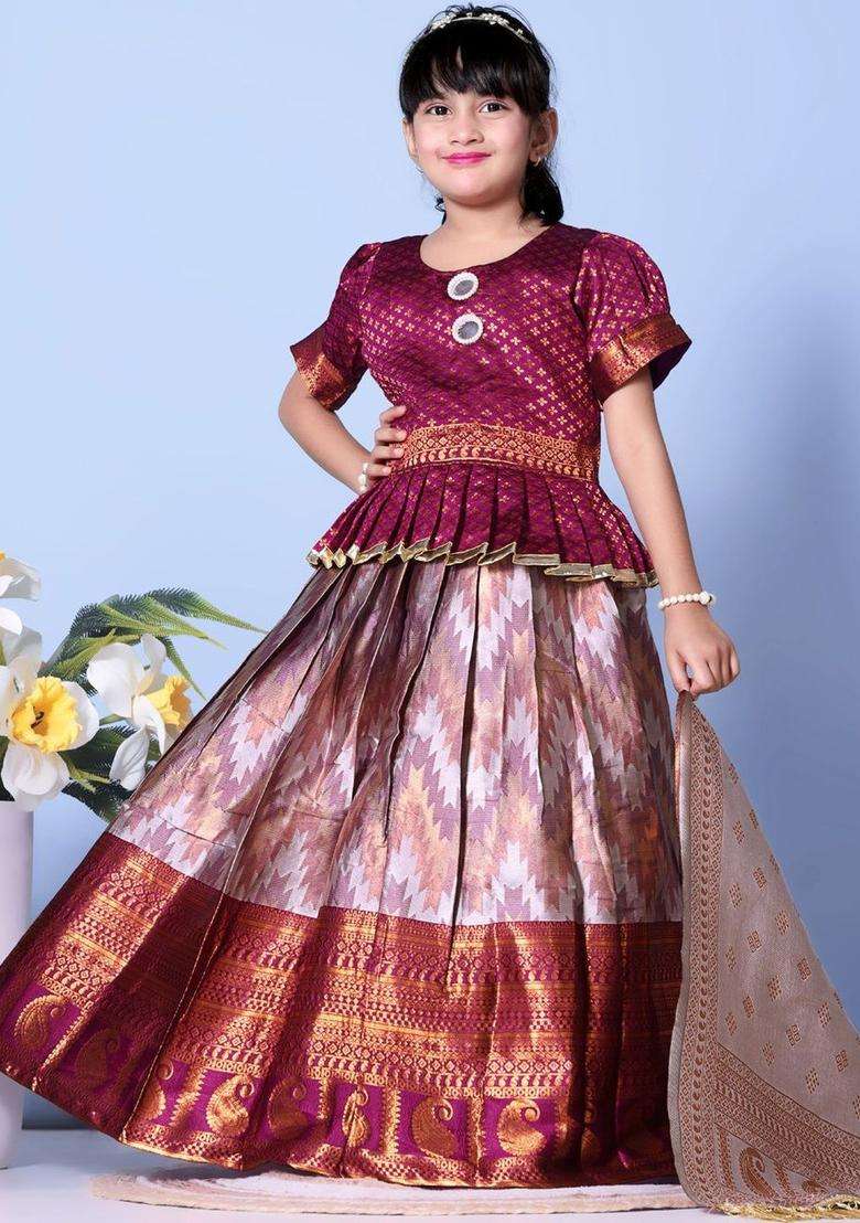 Maroon Woven Design Silk Lehenga Set For Girls - Indya