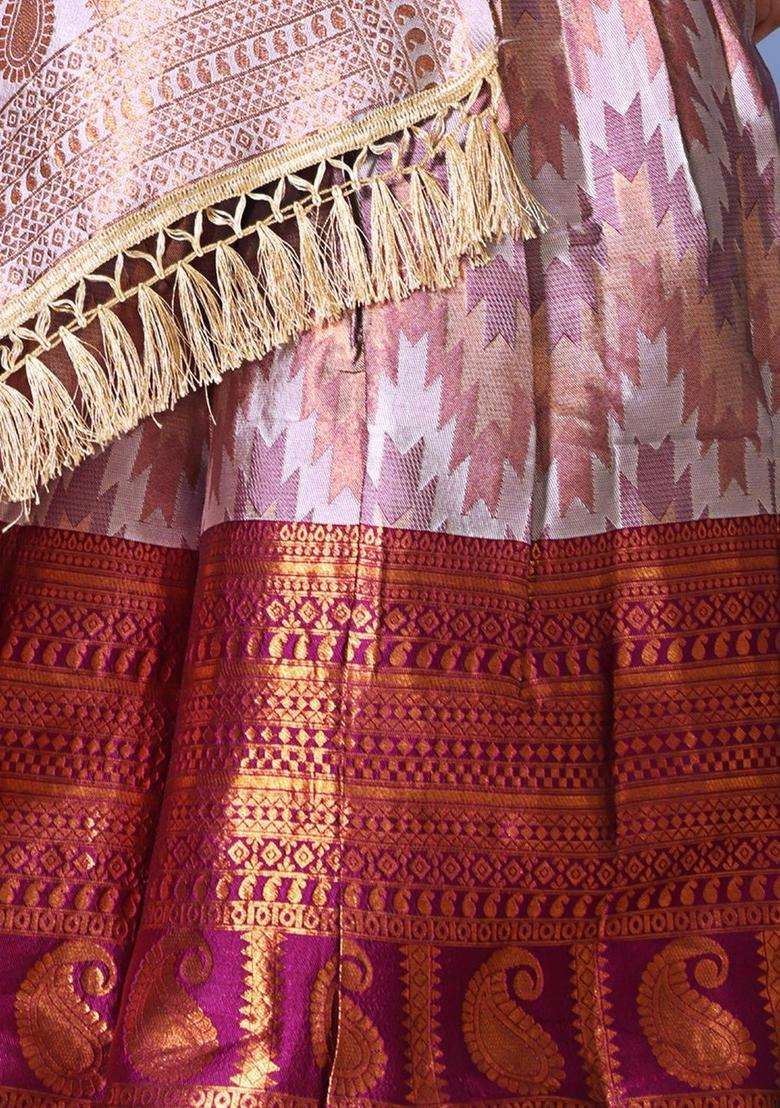 Maroon Woven Design Silk Lehenga Set For Girls - Indya