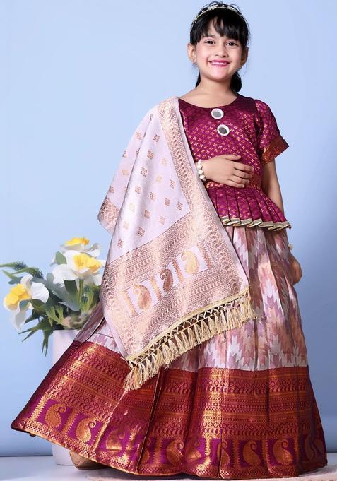 Maroon Woven Design Silk Lehenga Set For Girls — view on Indya