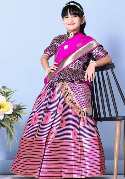 Pink Woven Design Silk Lehenga Set For Girls — view on Indya