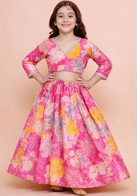 Pink Floral Silk Lehenga Set For Girls — view on Indya