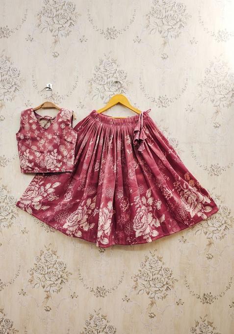 Maroon Printed Silk Lehenga Set For Girls — view on Indya