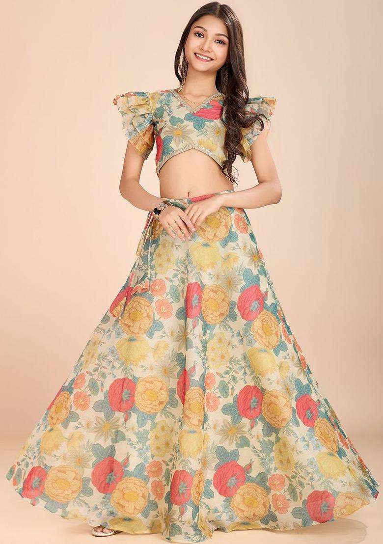 Beige Floral Organza Lehenga Set For Girls - Indya