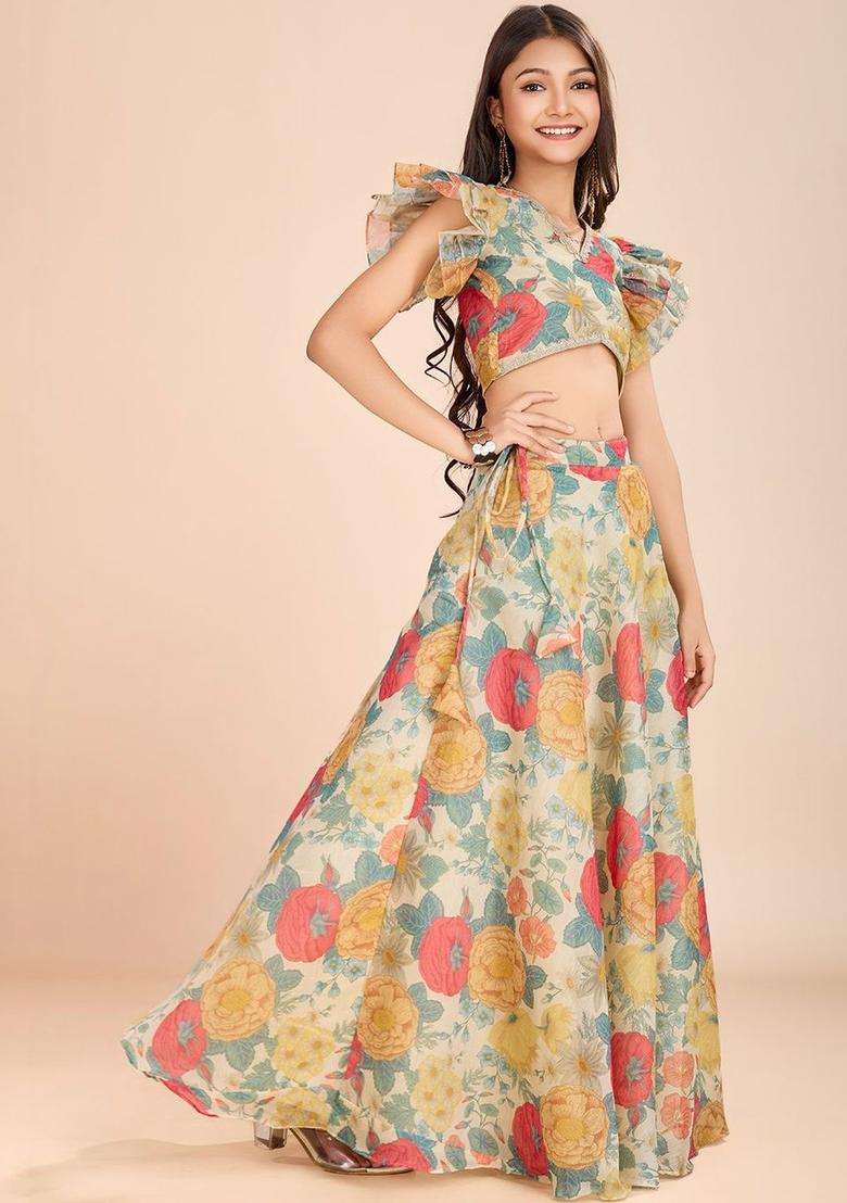 Beige Floral Organza Lehenga Set For Girls - Indya