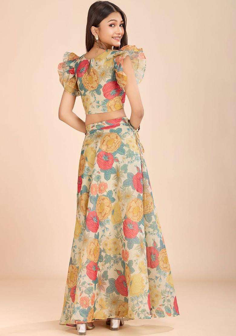 Beige Floral Organza Lehenga Set For Girls - Indya