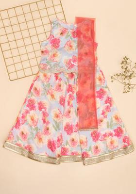 Grey Printed Polyester Lehenga Set For Girls