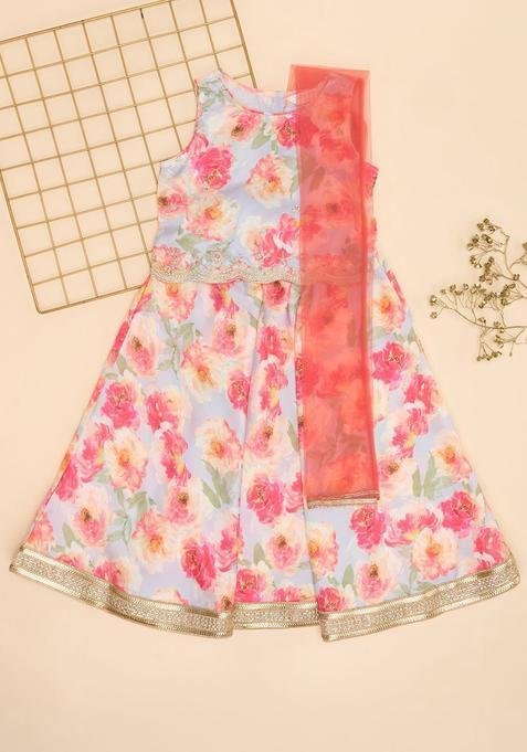 Grey Printed Polyester Lehenga Set For Girls — view on Indya