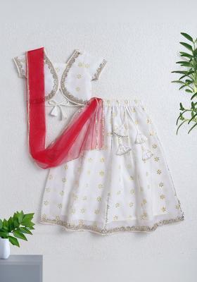 White Embellished Polyester Lehenga Set For Girls