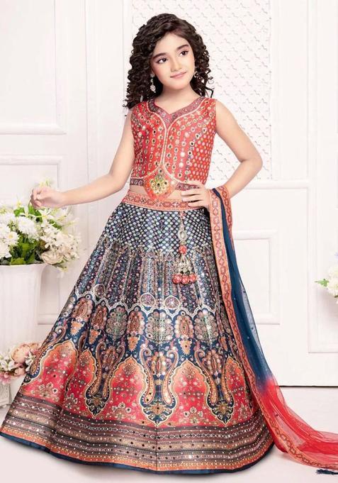 Red Printed Silk Lehenga Set For Girls — view on Indya