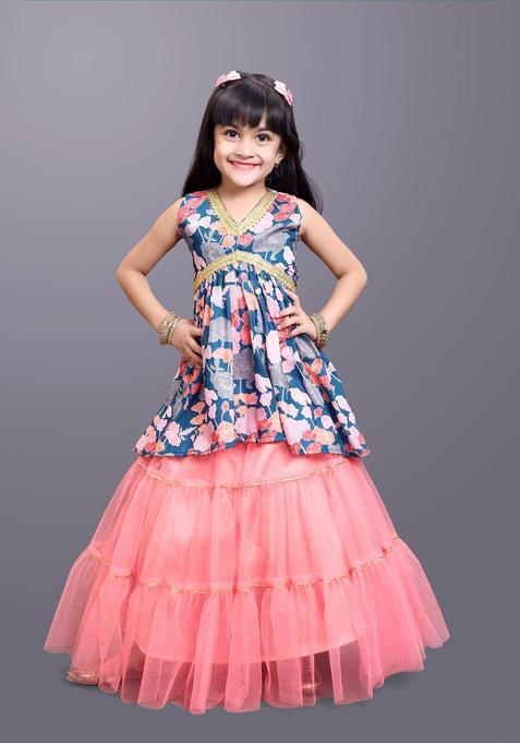 Blue Printed Net Lehenga Set For Girls — view on Indya