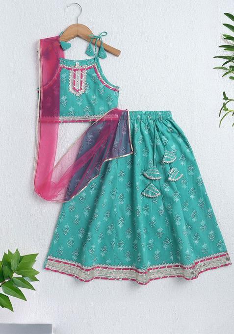 Blue Printed Cotton Lehenga Set For Girls — view on Indya