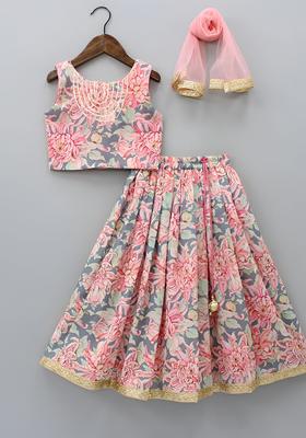 Peach Printed Silk Lehenga Set For Girls