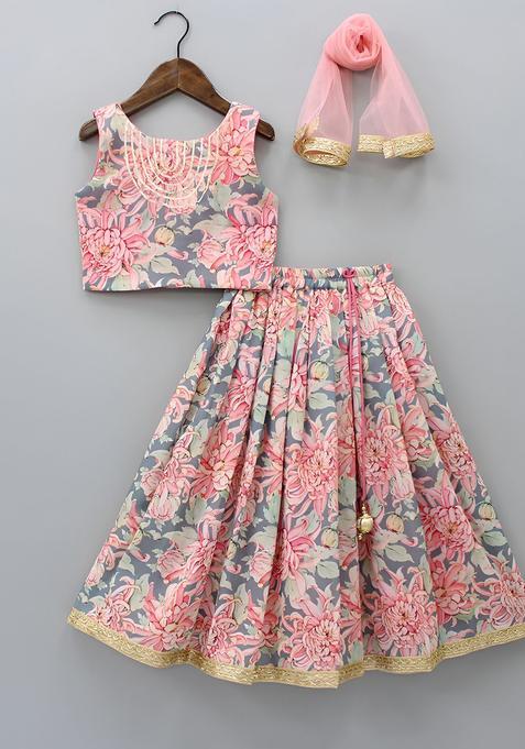 Peach Printed Silk Lehenga Set For Girls — view on Indya