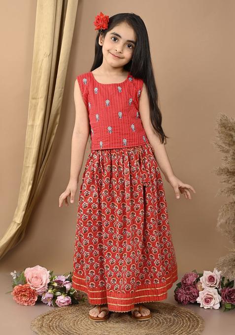 Red Embroidered Cotton Lehenga Set For Girls — view on Indya