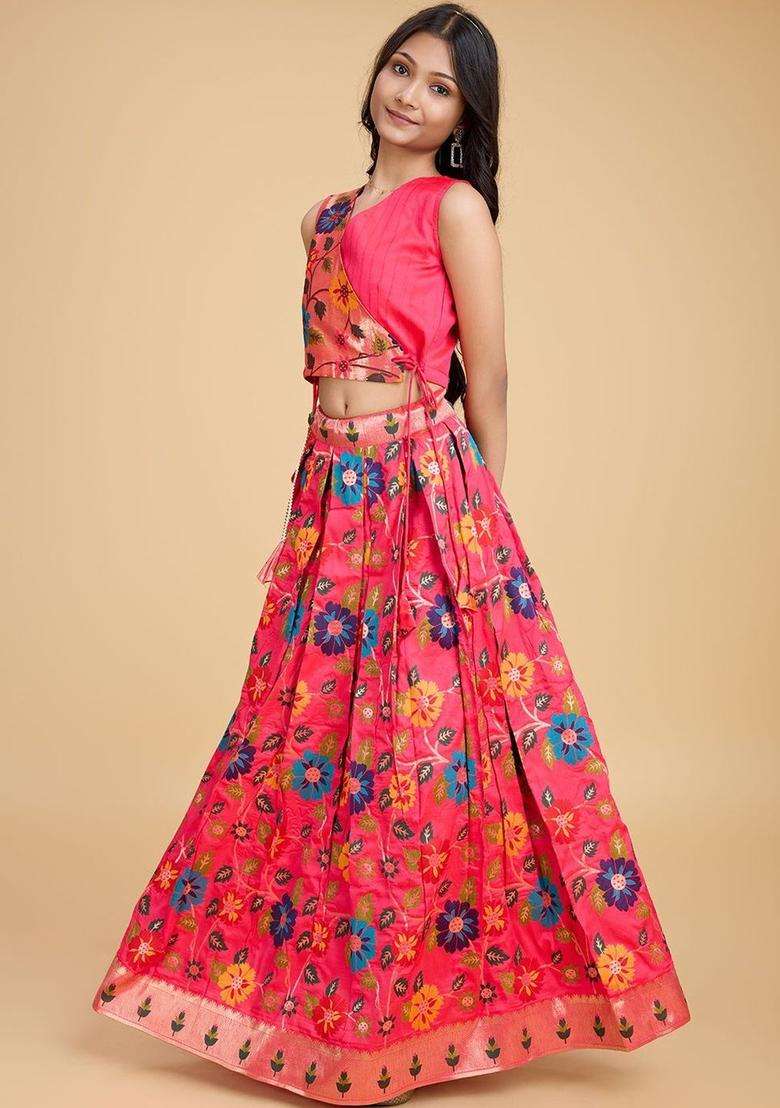 Pink Printed Silk Lehenga Set For Girls - Indya