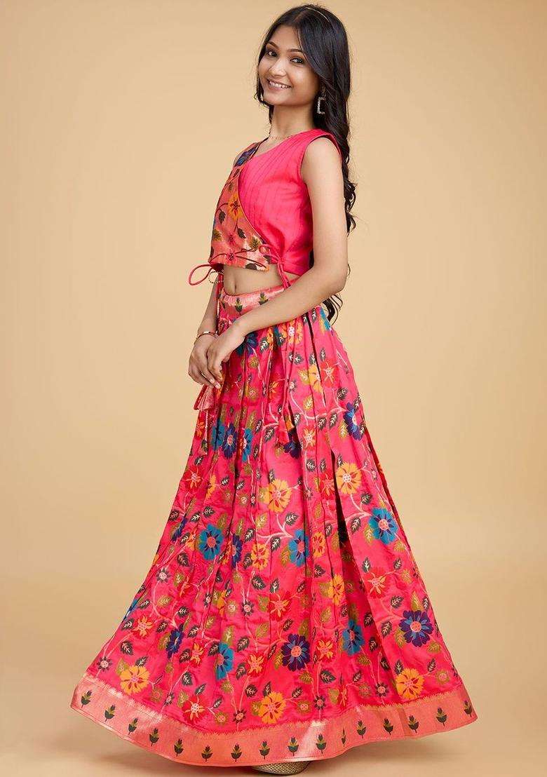 Pink Printed Silk Lehenga Set For Girls - Indya