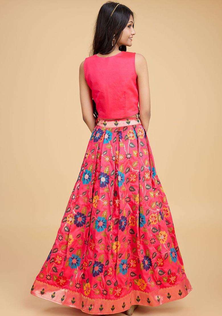 Pink Printed Silk Lehenga Set For Girls - Indya