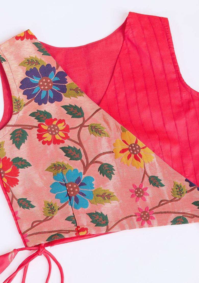 Pink Printed Silk Lehenga Set For Girls - Indya
