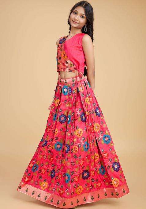 Pink Printed Silk Lehenga Set For Girls