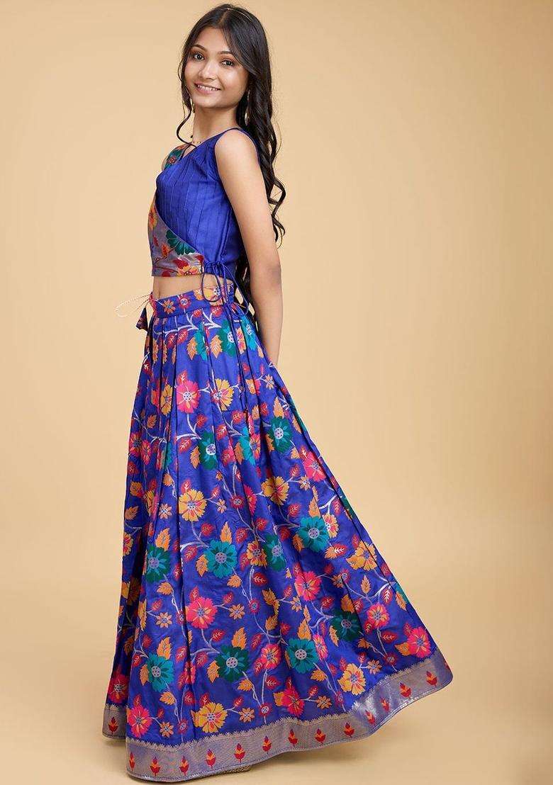 Blue Embroidered Silk Lehenga Set For Girls - Indya