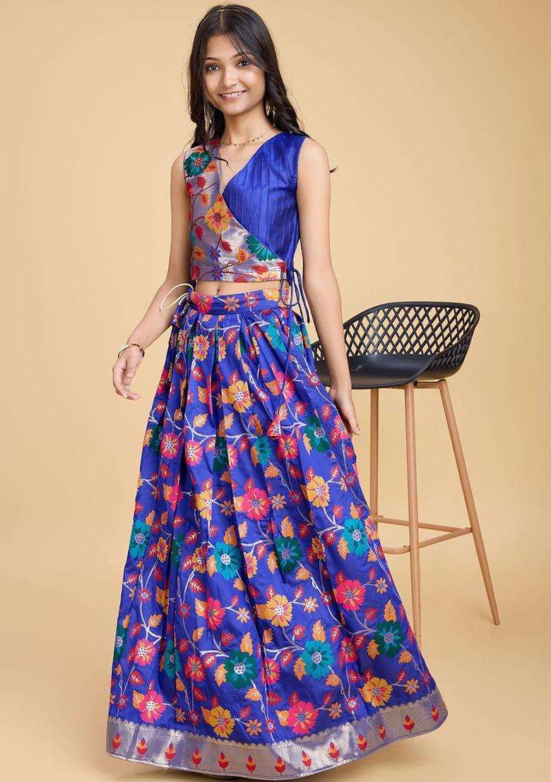 Blue Embroidered Silk Lehenga Set For Girls - Indya