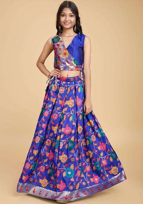 Blue Embroidered Silk Lehenga Set For Girls