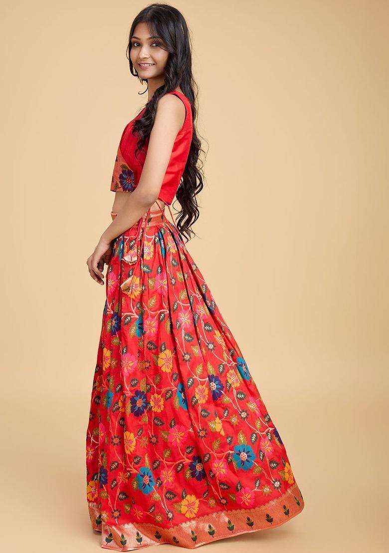 Red Embroidered Silk Lehenga Set For Girls - Indya