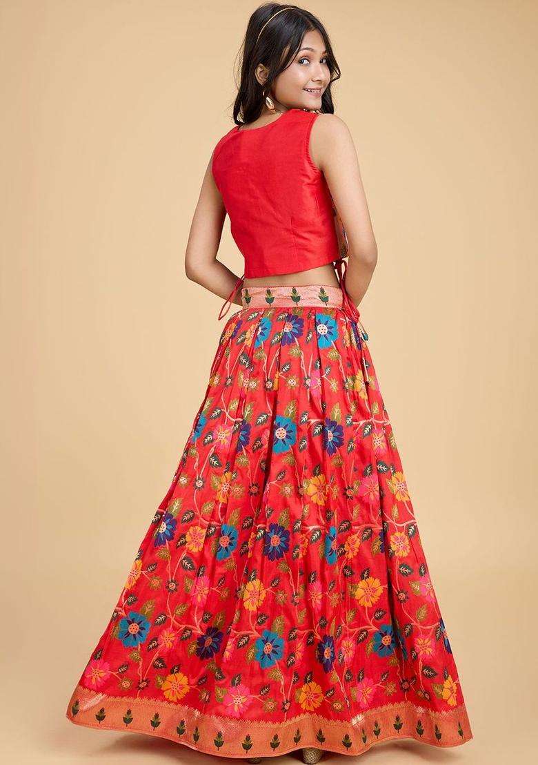 Red Embroidered Silk Lehenga Set For Girls - Indya