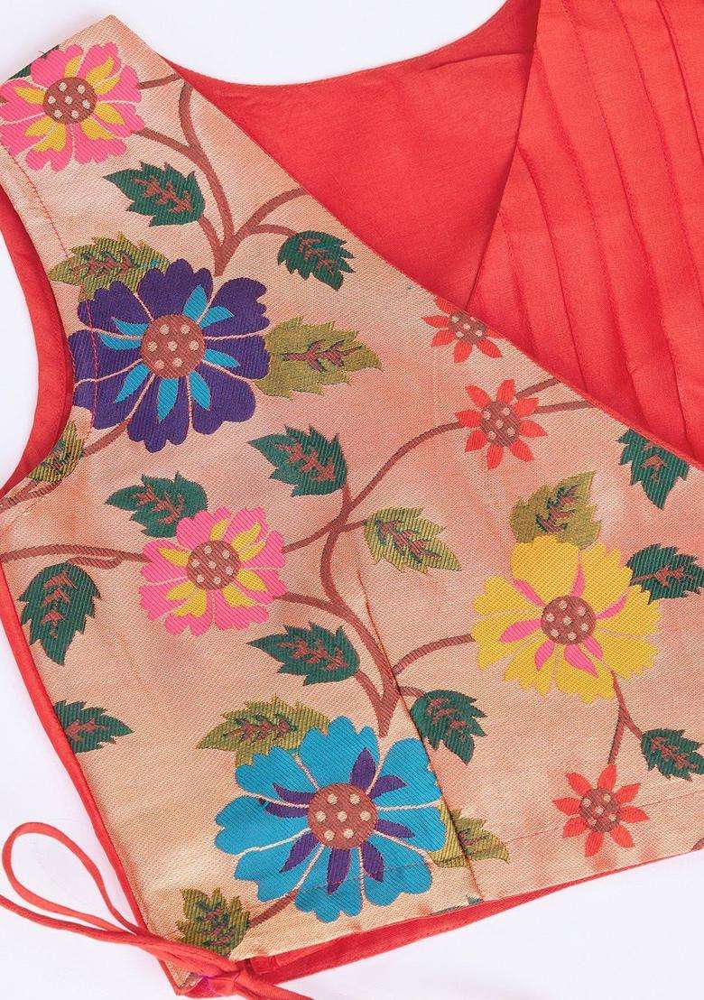 Red Embroidered Silk Lehenga Set For Girls - Indya