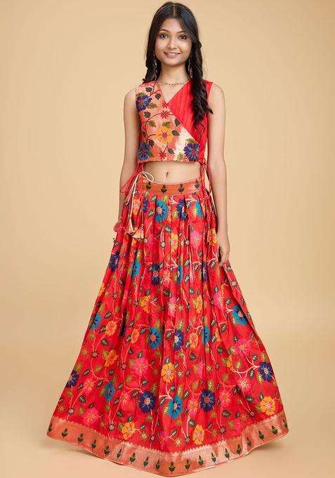 Red Embroidered Silk Lehenga Set For Girls