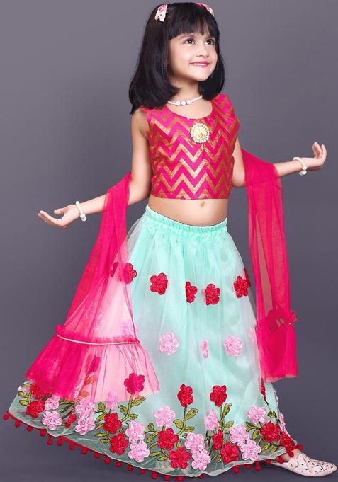 Pink Woven Design Net Lehenga Set For Girls — view on Indya