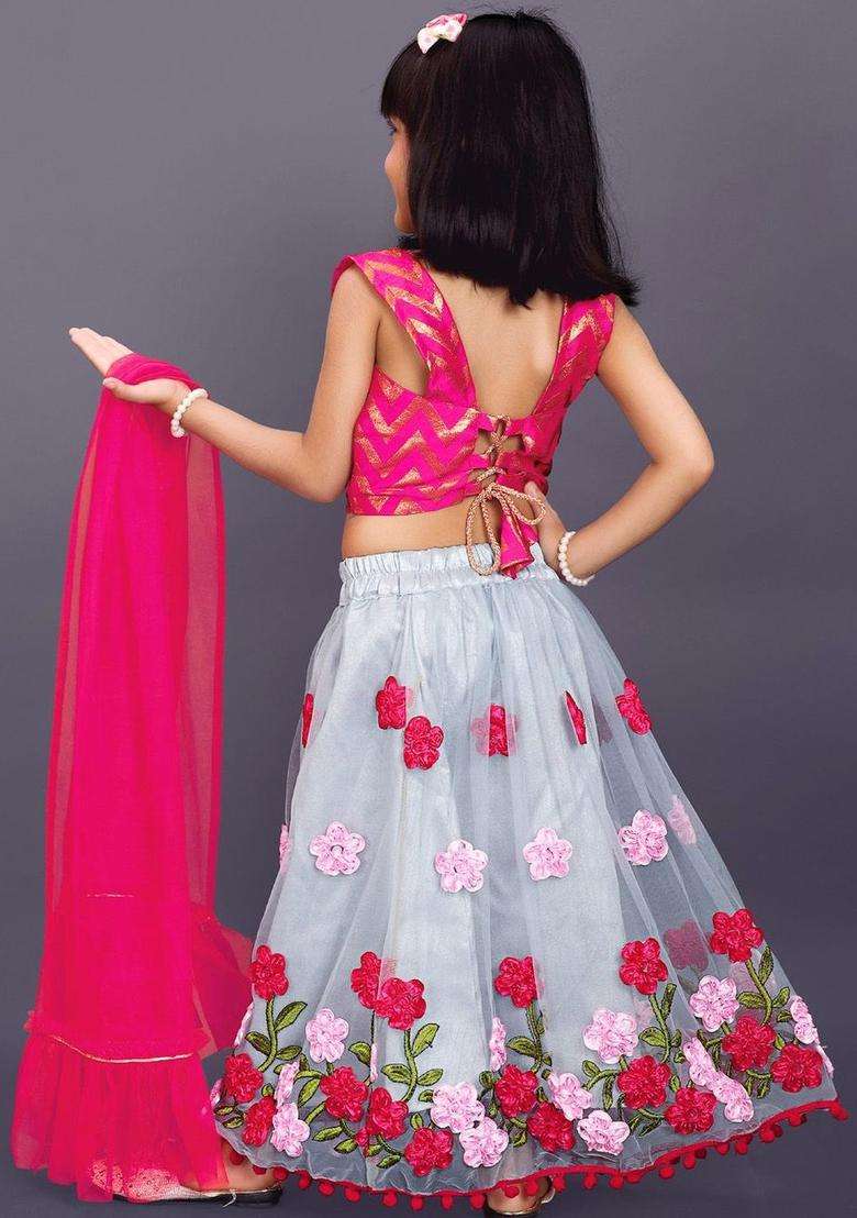 Pink Embellished Net Lehenga Set For Girls - Indya