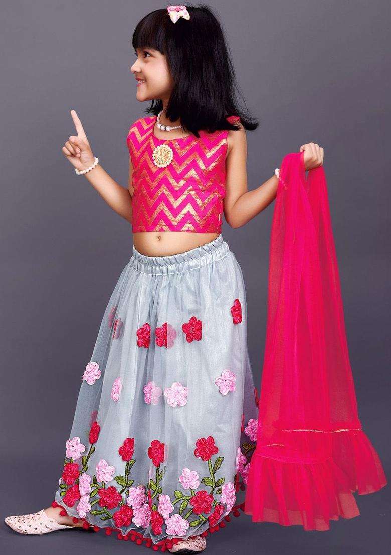 Pink Embellished Net Lehenga Set For Girls - Indya