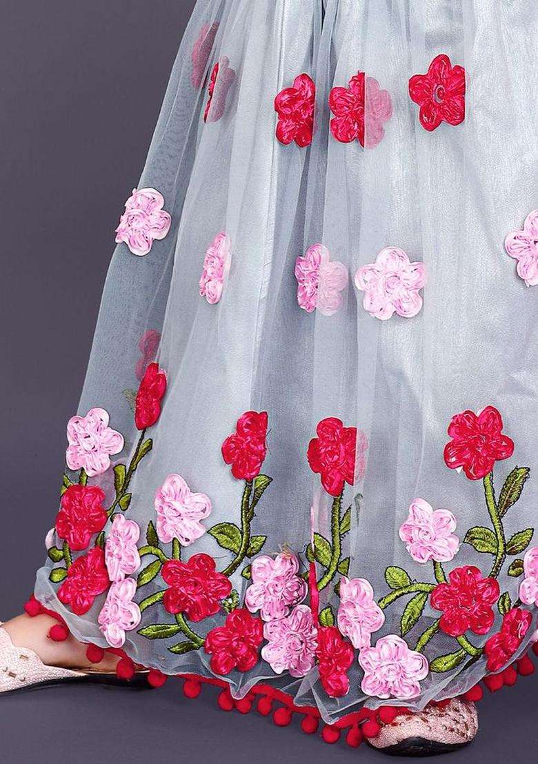 Pink Embellished Net Lehenga Set For Girls - Indya