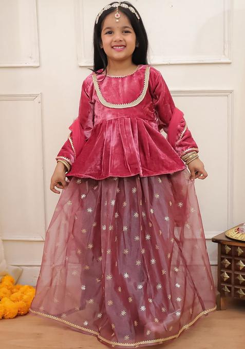 Maroon Embellished Organza Lehenga Set For Girls — view on Indya