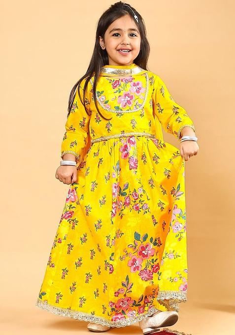 Yellow Printed Cotton Lehenga Set For Girls — view on Indya