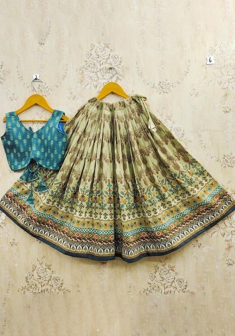 Green Printed Cotton Lehenga Set For Girls — view on Indya
