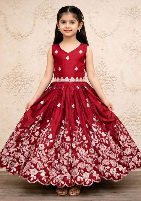 Maroon Embroidered Silk Lehenga Set For Girls — view on Indya