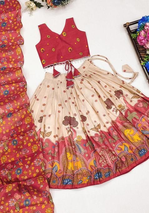 White Printed Silk Lehenga Set For Girls — view on Indya