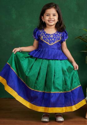 Green Embroidered Silk Lehenga Set For Girls