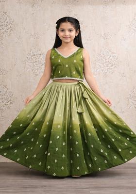 Green Embroidered Silk Lehenga Set For Girls