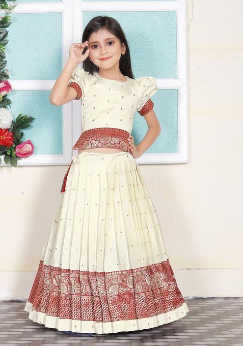 Red Woven Design Silk Lehenga Set For Girls — view on Indya